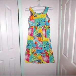 Vtg 80s Babydoll Midi Dress Size S Pockets Sleeveless Pleated Patchwork Hawaiian